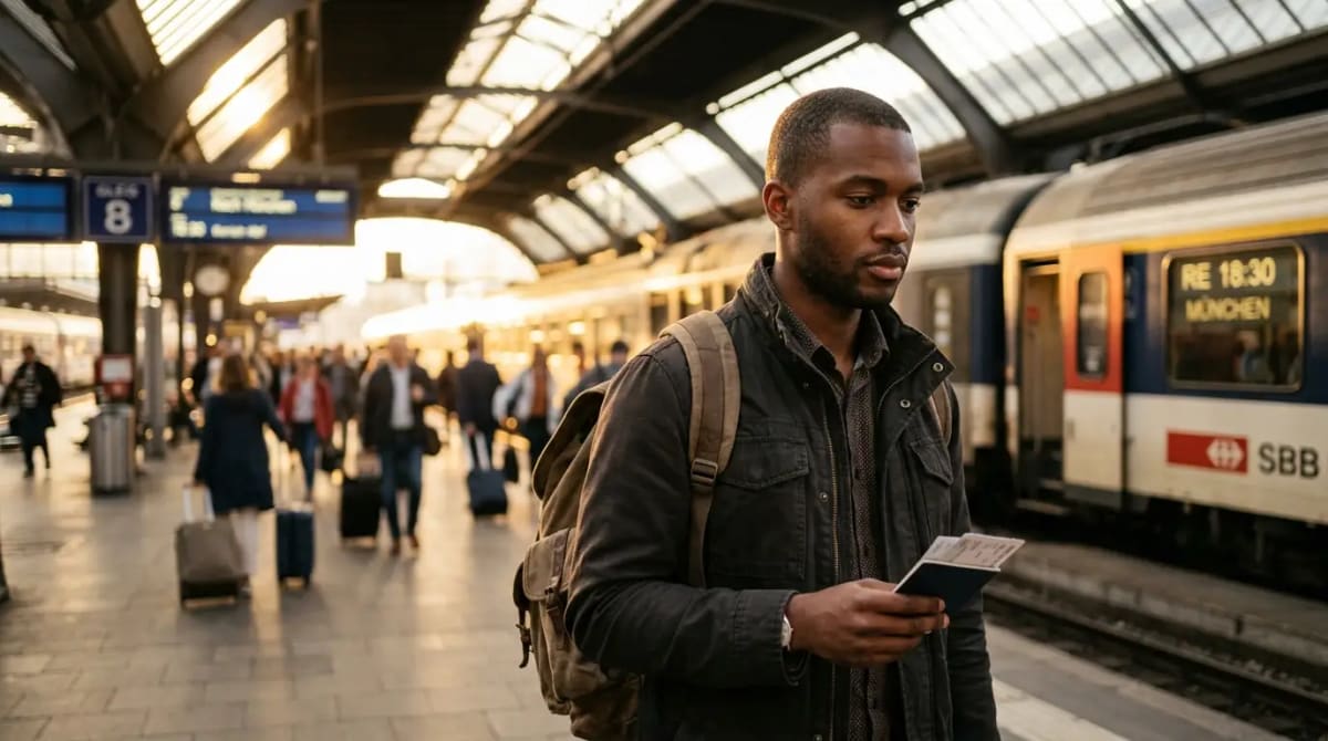 Traveler standing on an elegant train station platform preparing for a European connection