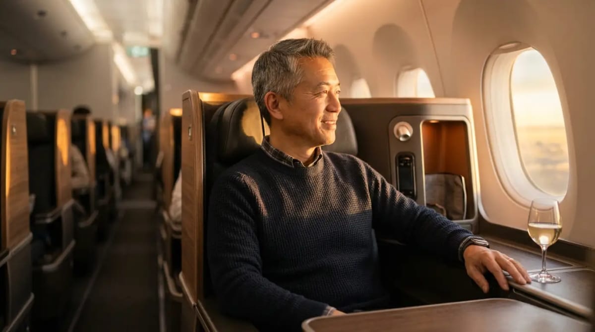 Traveler settled in a business-class cabin seat after securing an award flight