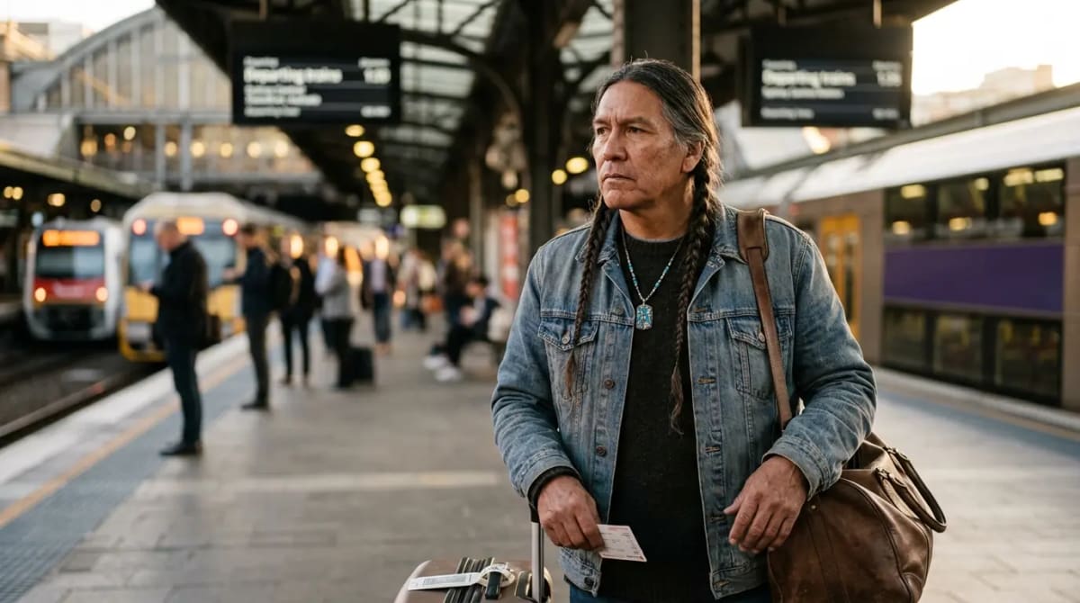 Traveler on elegant train station platform considering the August 14 Rove Qantas bonus deadline