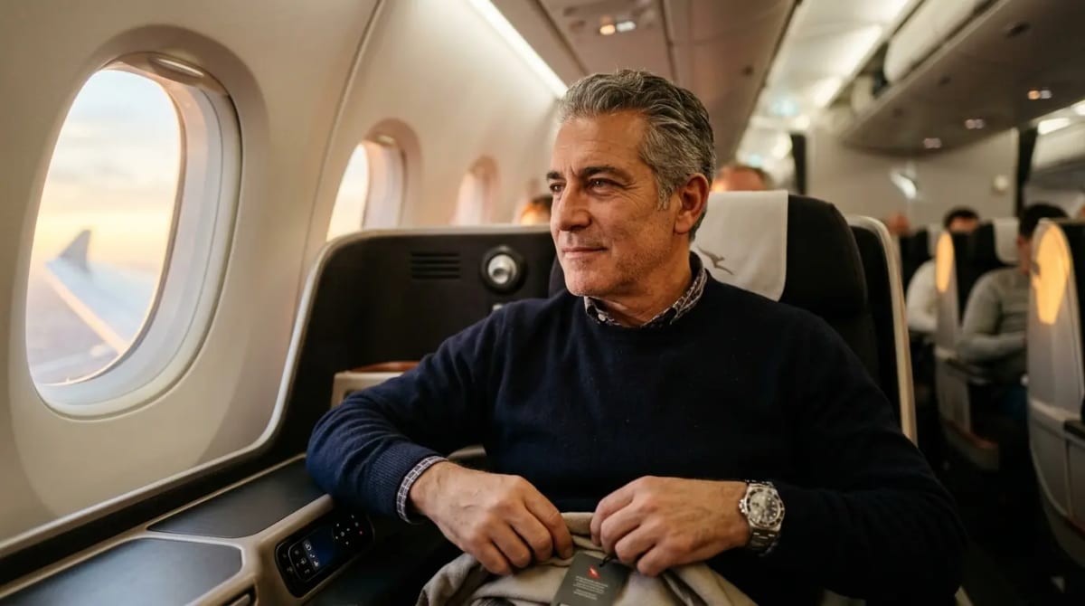 Traveler in business class cabin after securing high-value Classic Flight Reward with Rove Qantas bonus