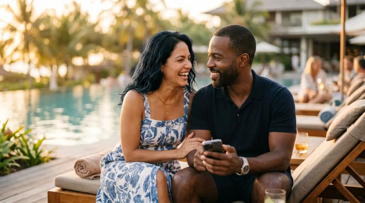 Couple discussing Jetstar Zone 1 awards enabled by Rove Miles 50 percent Qantas bonus at luxury resort pool