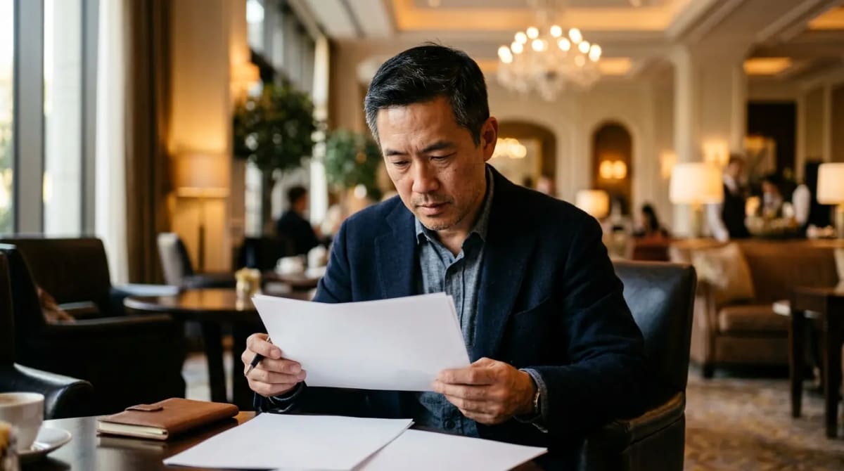 Traveler carefully reviewing itinerary before irreversible Rove Miles Qantas transfer in five-star hotel lobby