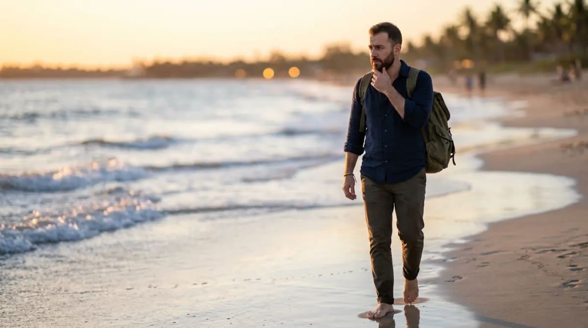 Traveler considering practical questions about Rove Miles Qantas 50 percent bonus while walking on the beach