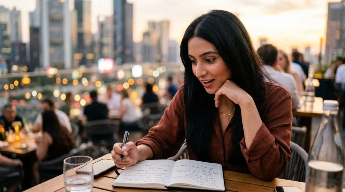 Traveler discovering the value of Rove Miles to Qantas 50 percent bonus at upscale rooftop restaurant