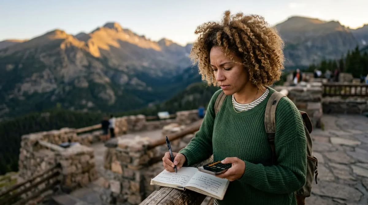 Traveler calculating exact Rove Miles to Qantas Points conversion on scenic mountain-view terrace