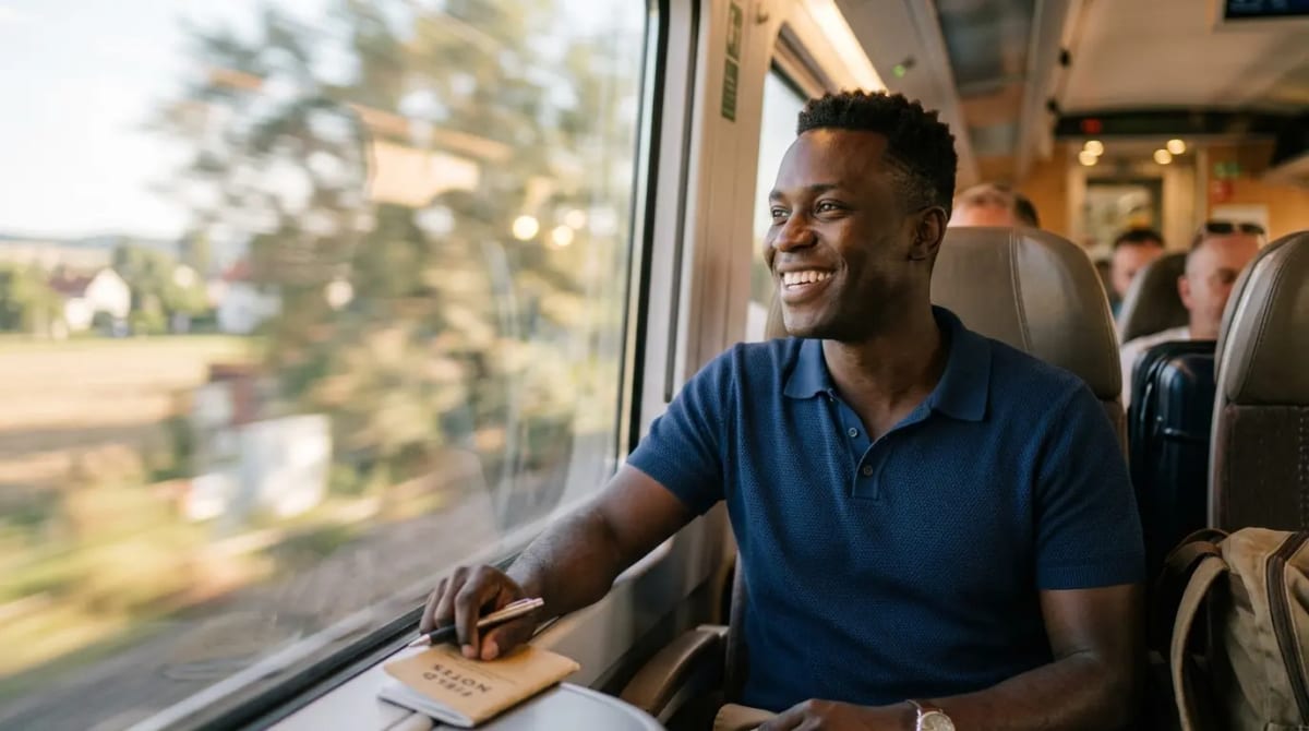 Traveler on high-speed train reflecting on historical 15% average and concurrent Cathay offer