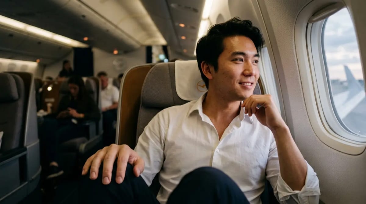 Traveler in business-class cabin reflecting on successful no-YQ award redemption with bonus
