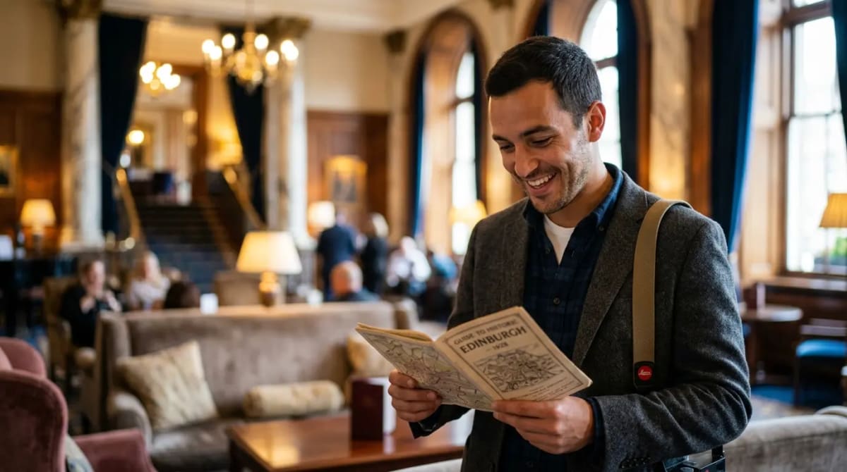 Traveler in five-star hotel lobby clarifying common questions on the Capital One LifeMiles promotion
