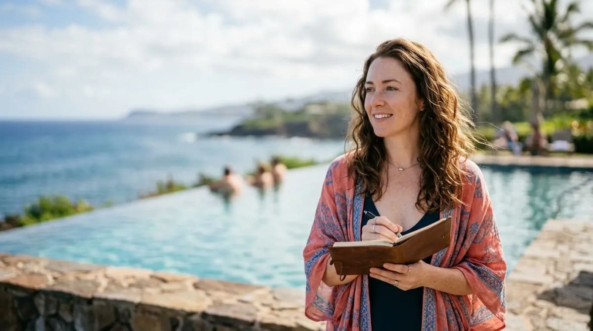 Traveler at resort pool with ocean view synthesizing the final decision framework for the bonus
