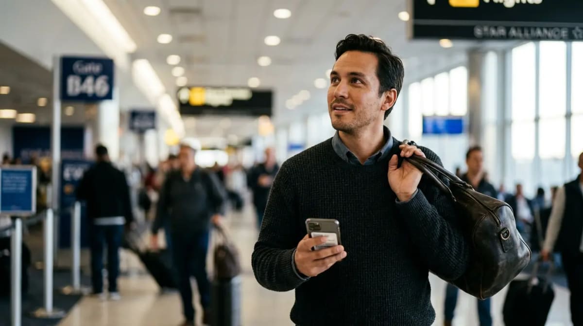 Traveler walking through airport terminal reviewing exact transfer rate and August 31 deadline