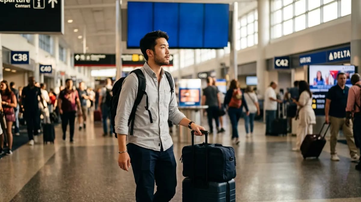 Traveler walking through airport terminal considering the August 15 access change