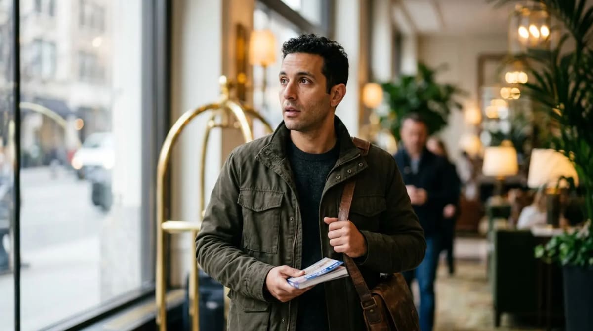 Traveler in five-star hotel lobby synthesizing the final outcomes of the access change