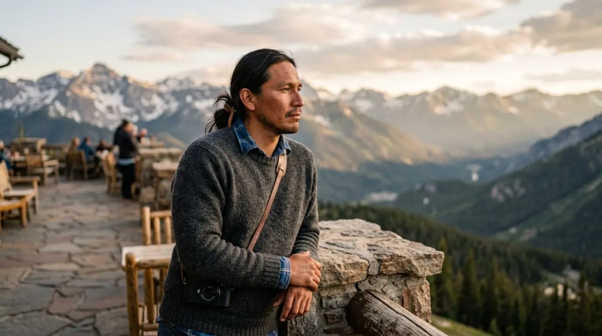 Traveler on mountain-view terrace contemplating the shift from hybrid to exclusive access