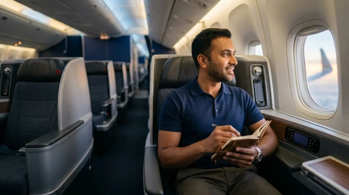 Traveler in business-class cabin reflecting on retained unlimited Sapphire Lounge access