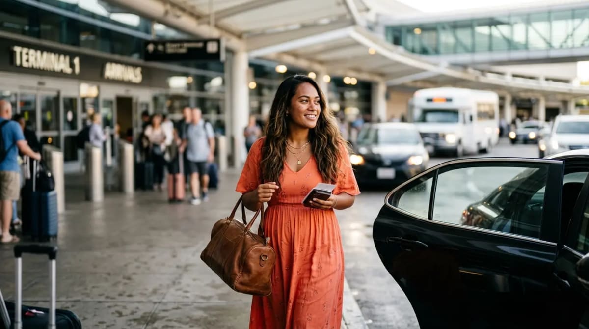 Traveler arriving at airport curbside assessing residual walk-up day pass realities