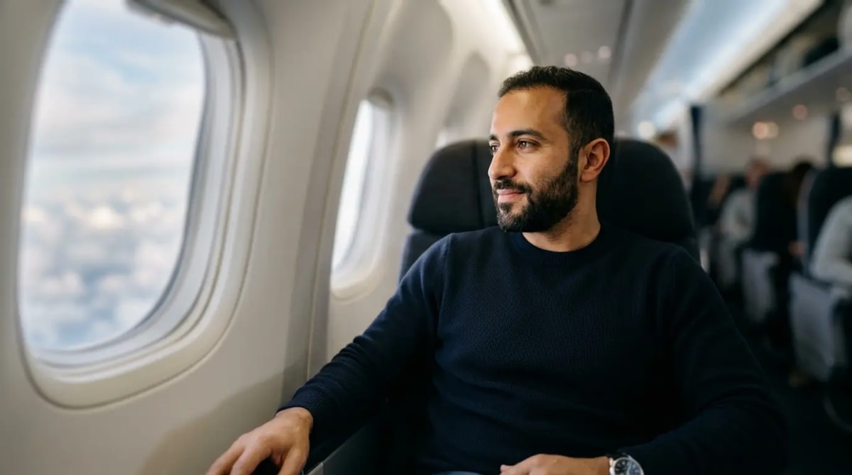 Traveler relaxed in business-class airplane cabin seat