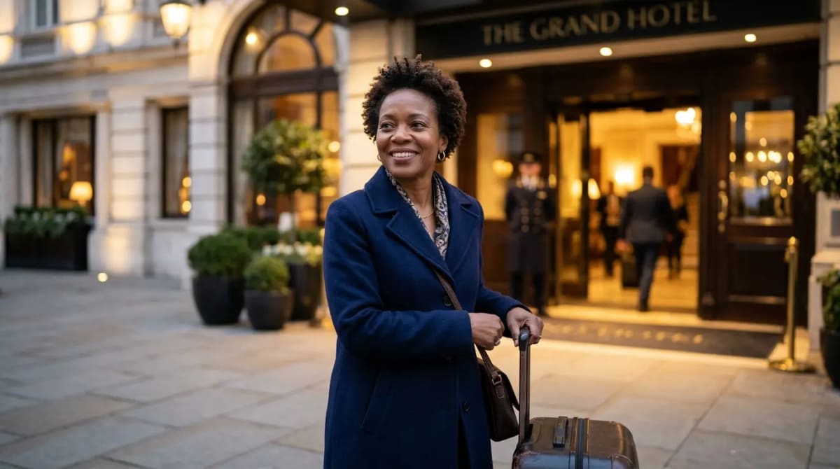 Traveler standing outside five-star hotel entrance at dusk
