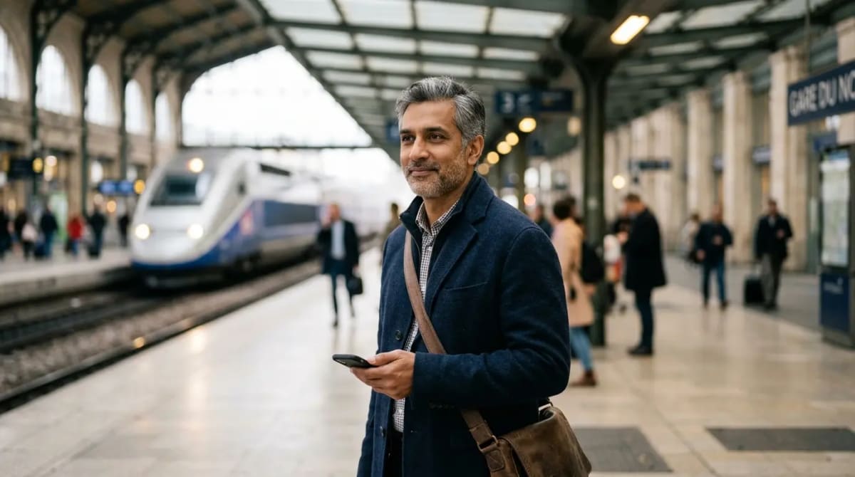 Traveler waiting calmly on elegant high-speed train platform