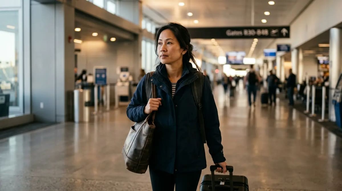 Traveler walking purposefully through modern airport terminal