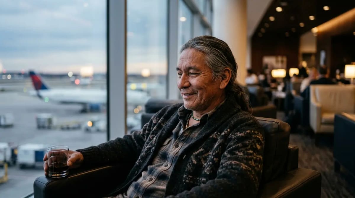 Traveler settled in high-end airport lounge chair