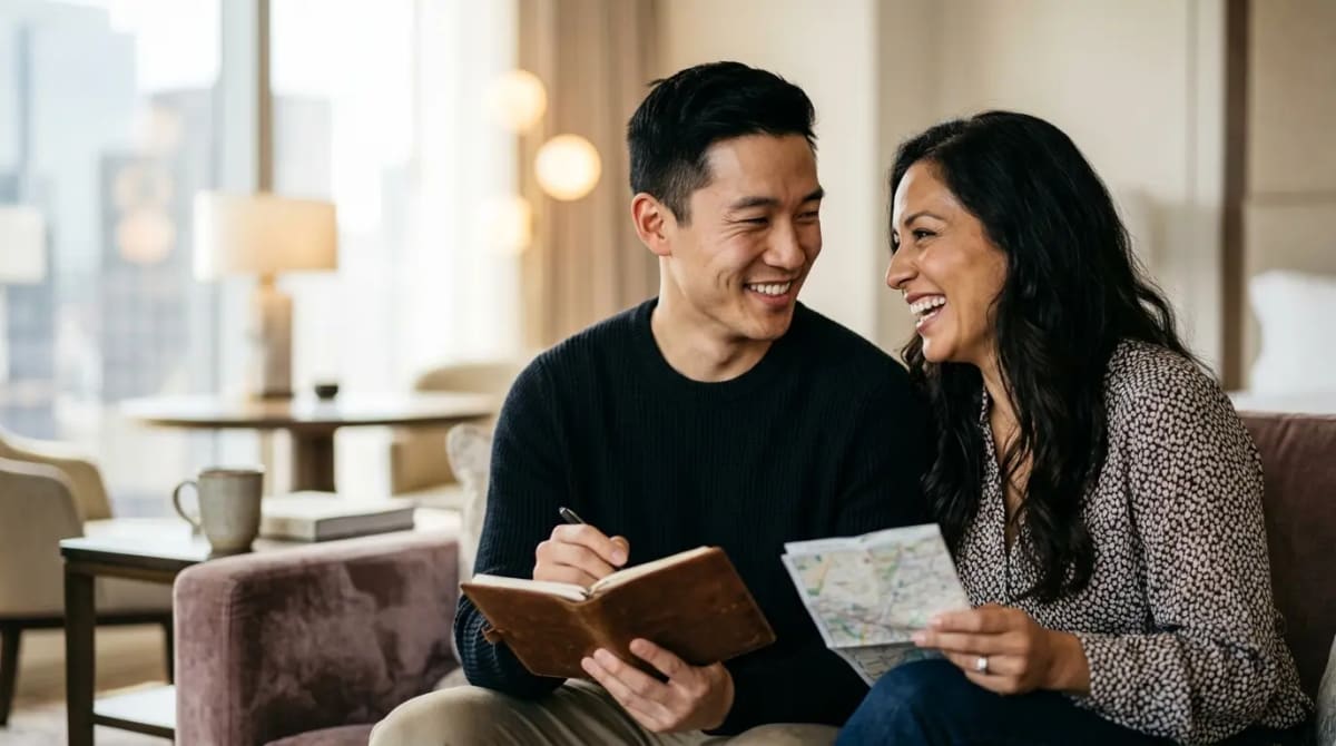 Couple sharing quiet moment in luxury hotel suite