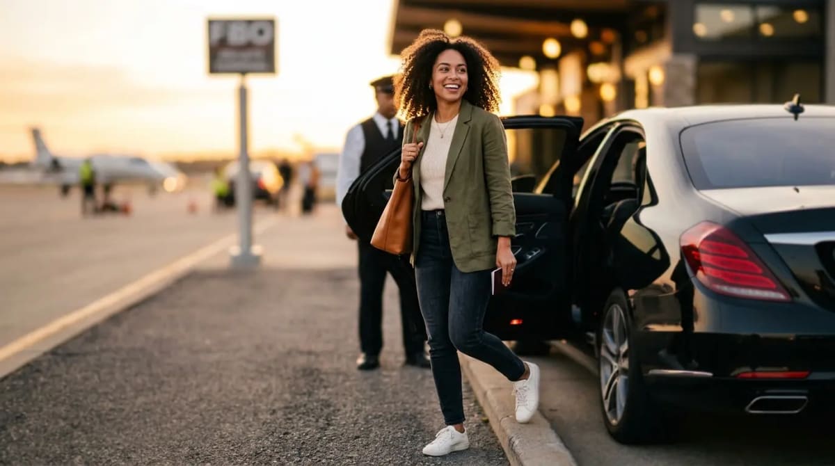 Traveler arriving via private transfer at airport curb