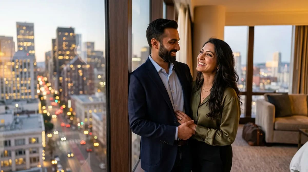 Couple in luxury hotel suite after prepaid Amex Travel booking earning new 5X rate