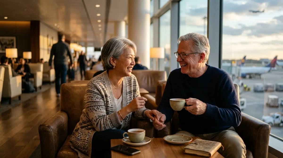 Couple in premium airport lounge reflecting on zero-fee-increase permanent upgrades