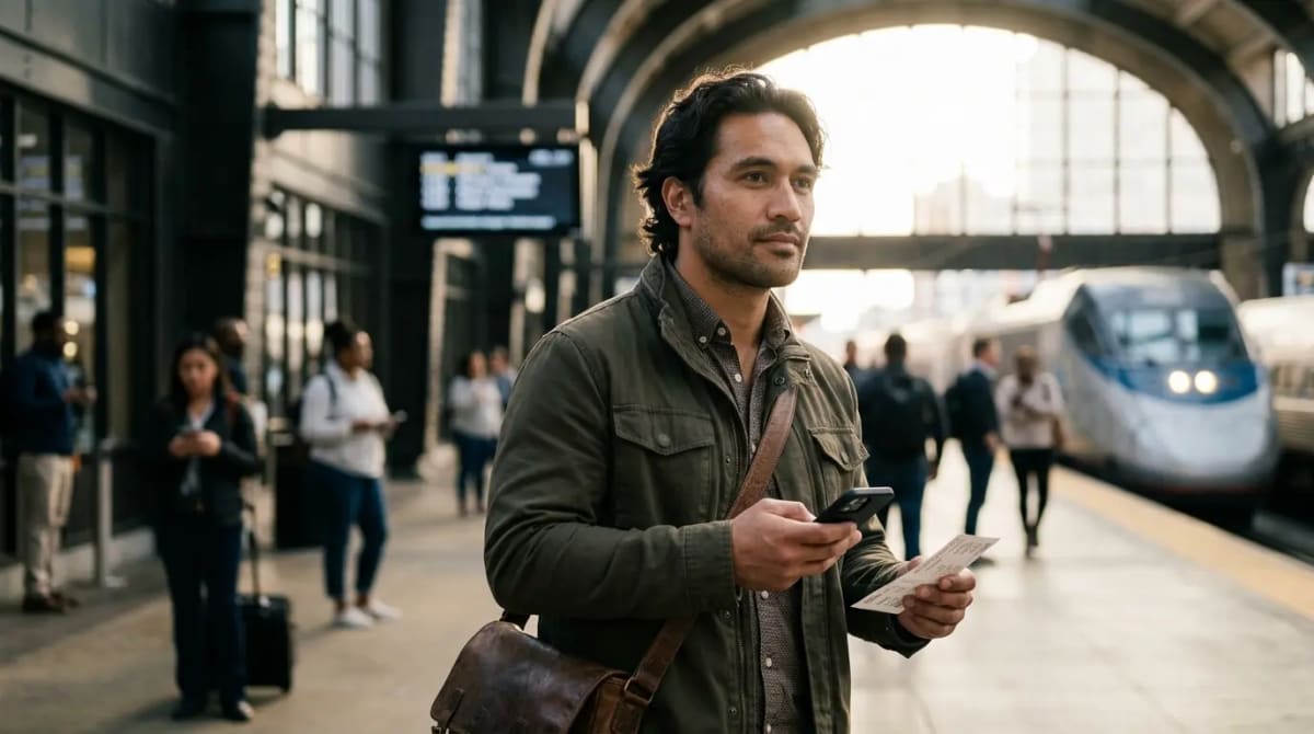 Traveler on elegant train station platform considering practical FAQ enrollment and partner details