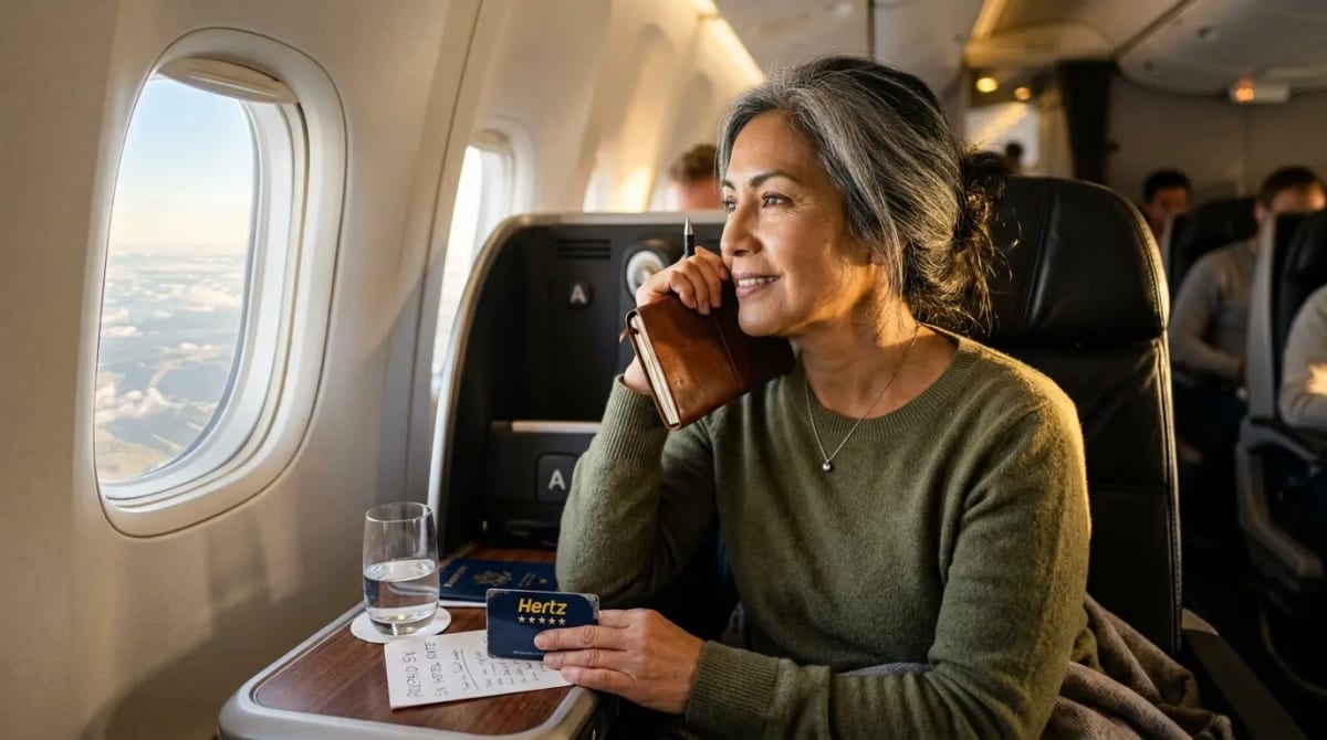 Traveler in business class cabin reviewing permanent 5X hotel and Hertz Five Star additions