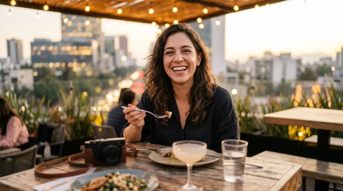 Traveler at upscale rooftop restaurant using current Amex Gold dining credit partners