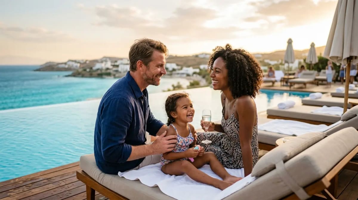 Family relaxing poolside at ocean-view resort maximizing 4X rates and full credit stack