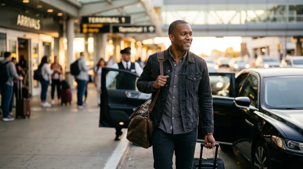 Traveler arriving via luxury black-car service using complimentary Hertz Five Star privileges