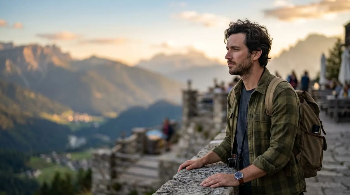 Traveler on mountain-view terrace weighing Keep Upgrade or Skip decision framework