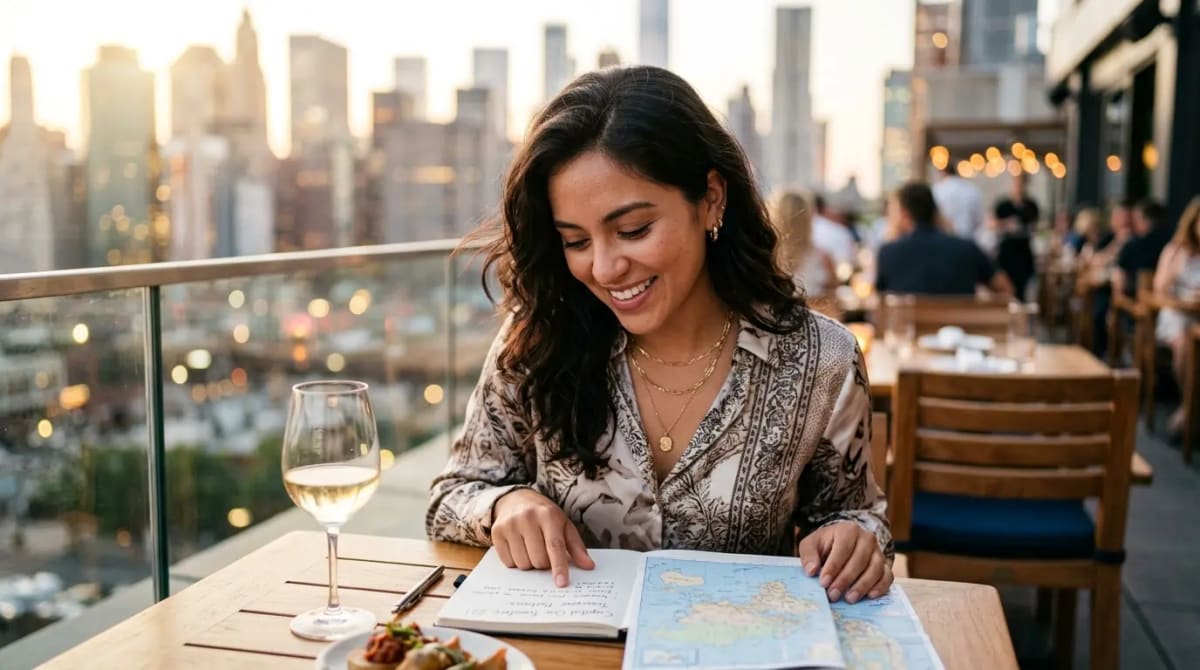 Traveler at upscale rooftop restaurant reviewing the complete 22-partner Capital One Miles roster