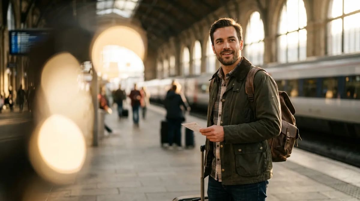 Traveler on elegant train station platform synthesizing partner expansion and lounge reality