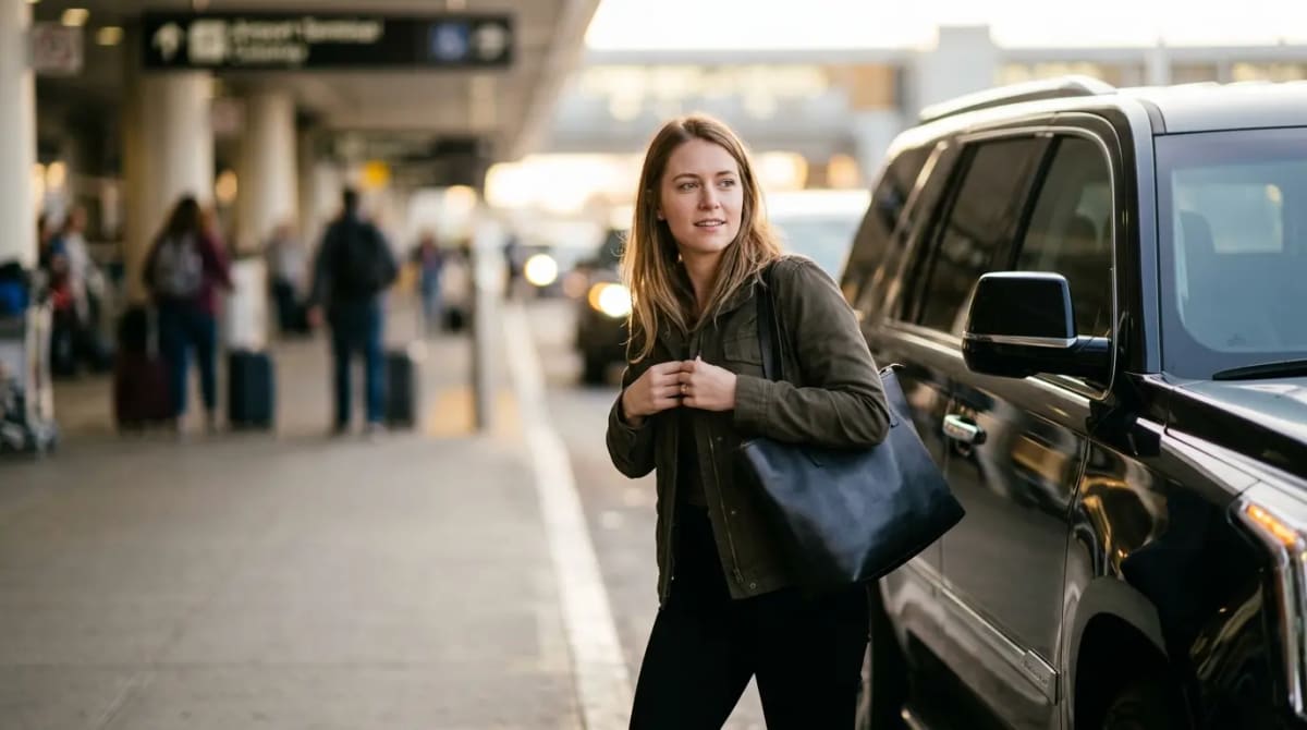 Traveler arriving via luxury black-car service reviewing key FAQ on ratios fees and guest rules