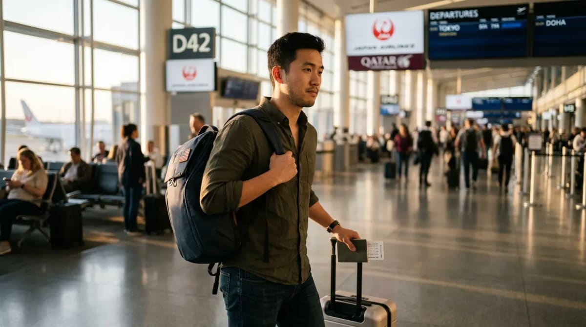 Traveler walking through airport terminal considering solo primary cardholder value after 2026 changes