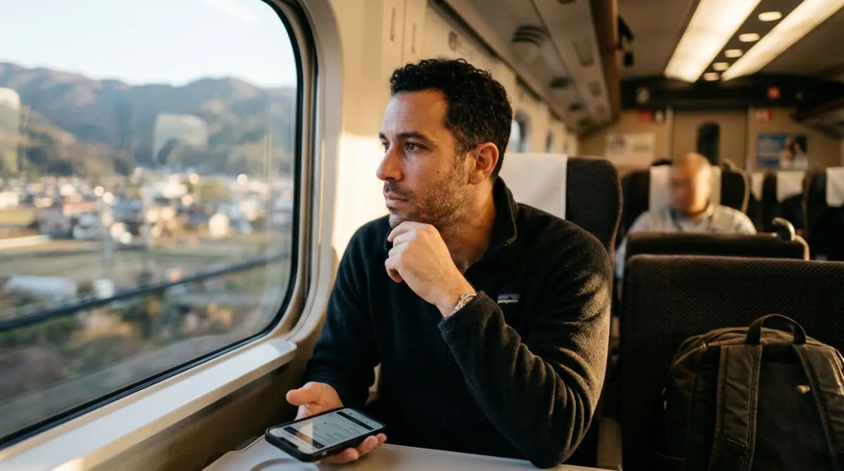 Traveler on high-speed train contemplating Japan Airlines 2:1.5 and Qatar 1:1 transfer ratios