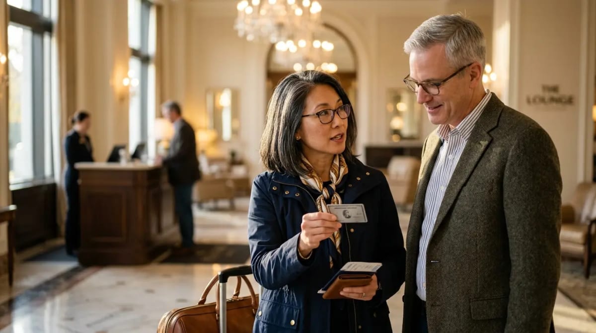 Couple in five-star hotel lobby evaluating whether Venture X remains worth it after 2026 updates
