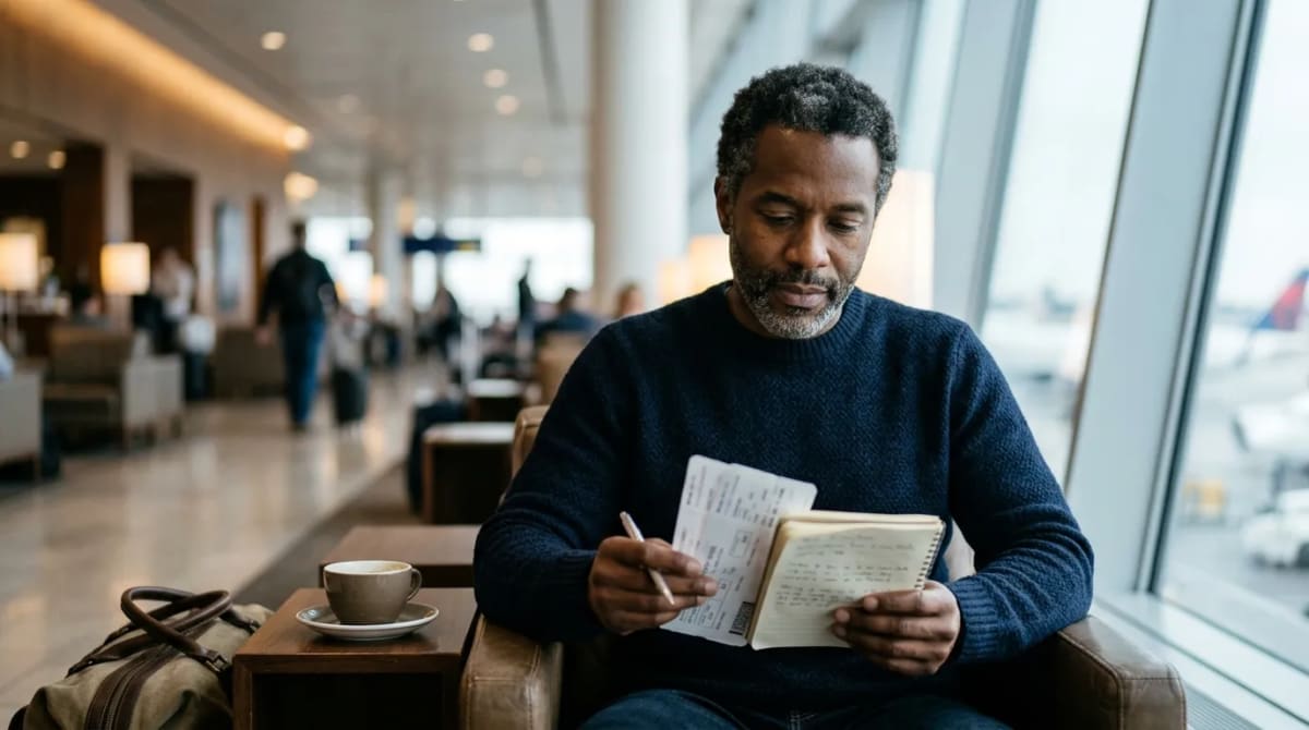 Traveler in a premium airport lounge reviewing Amex to Avios 30 percent transfer bonus details
