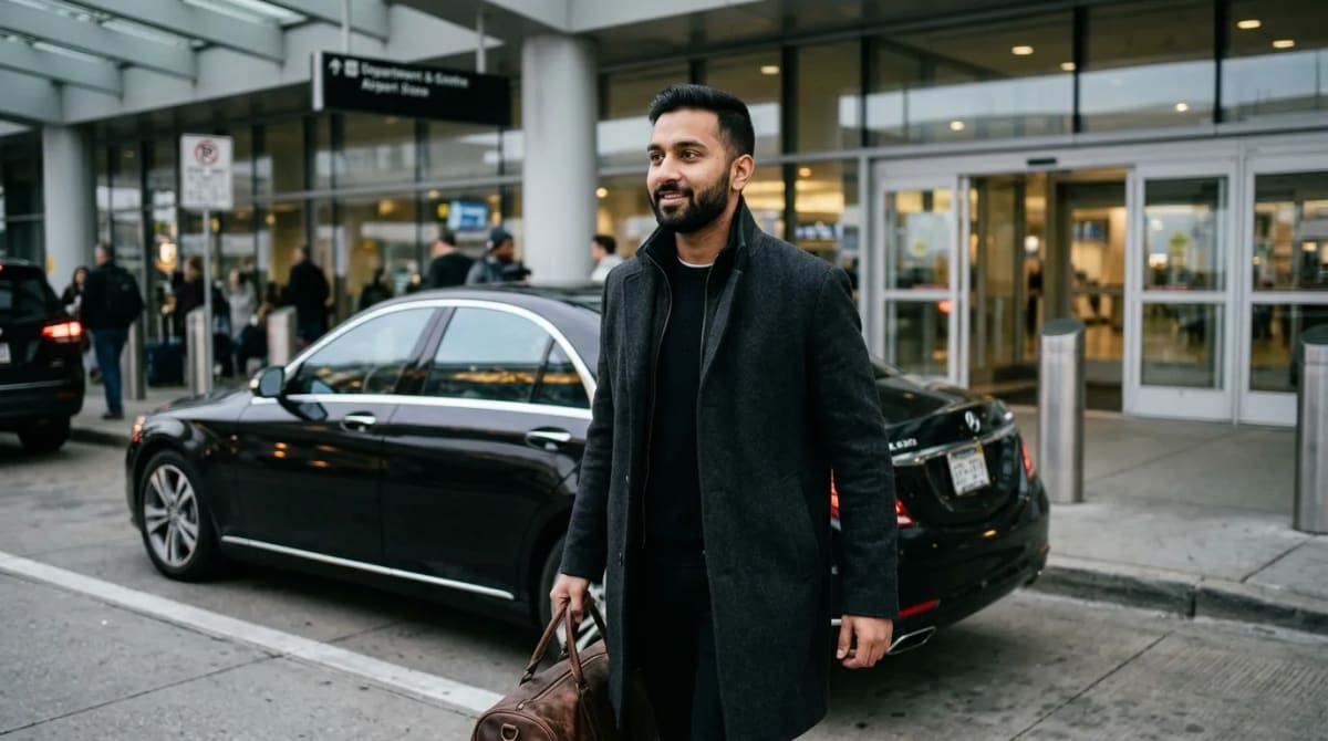 Traveler arriving by black car after choosing an Amex Avios transfer partner