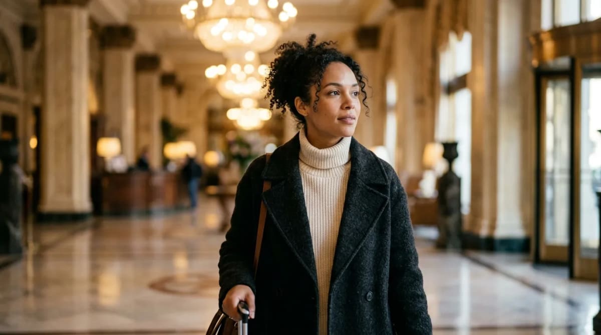 Traveler in a luxury hotel lobby at the start of a miles and points trip