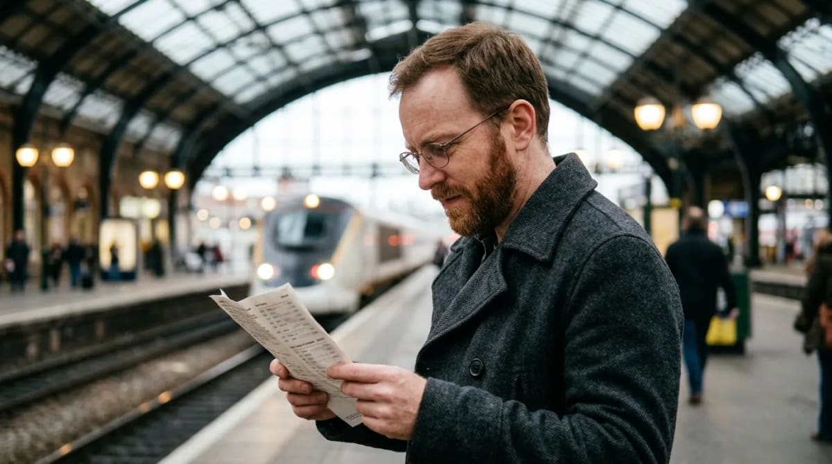 Traveler on a train platform calculating Amex Membership Rewards to Avios bonus math
