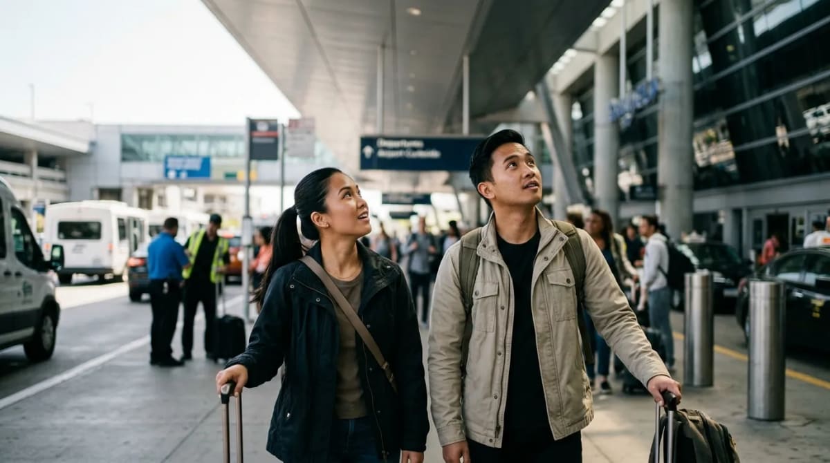 Couple arriving at airport curbside for a British Airways Avios award itinerary