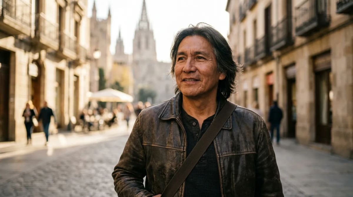 Traveler on a golden-hour city street exploring Spain-focused Iberia Avios value