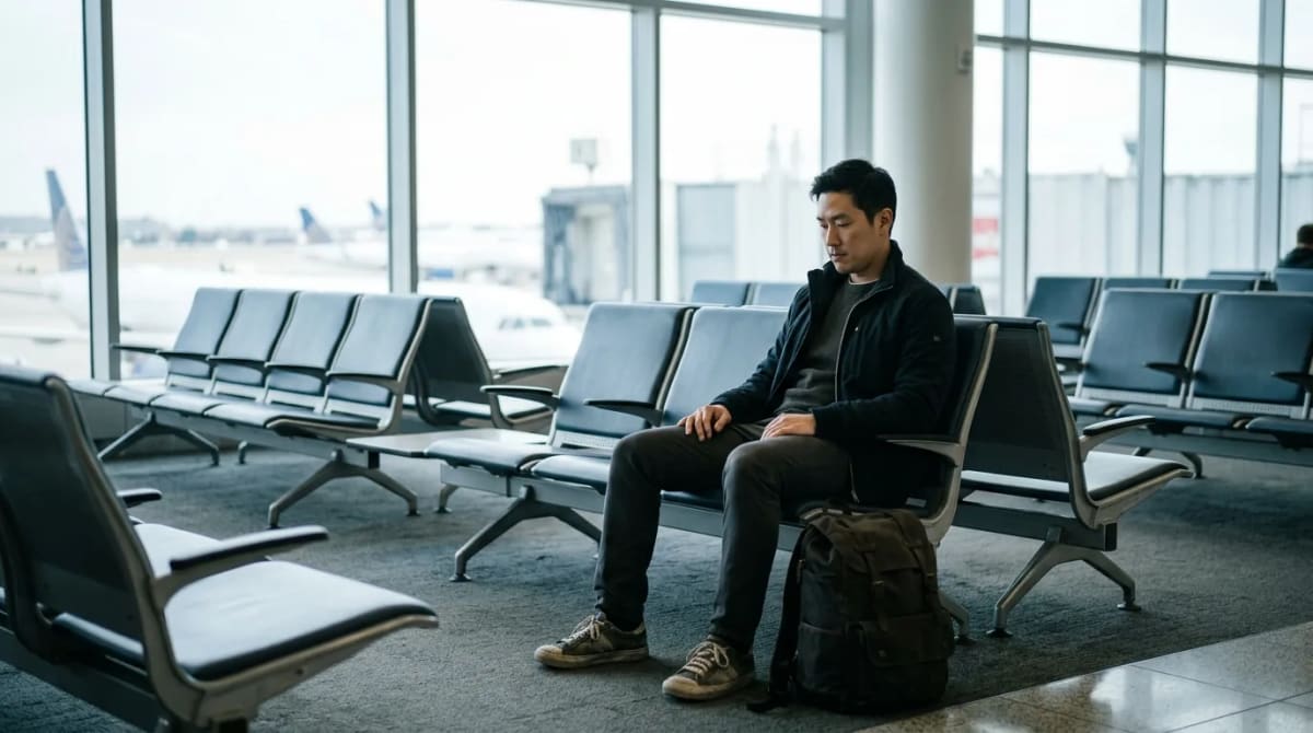 Traveler in calm airport seating comparing premium card lounge access