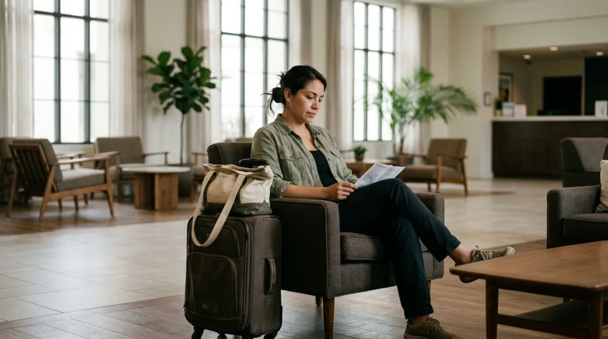 Traveler in a quiet hotel lobby weighing annual-fee value
