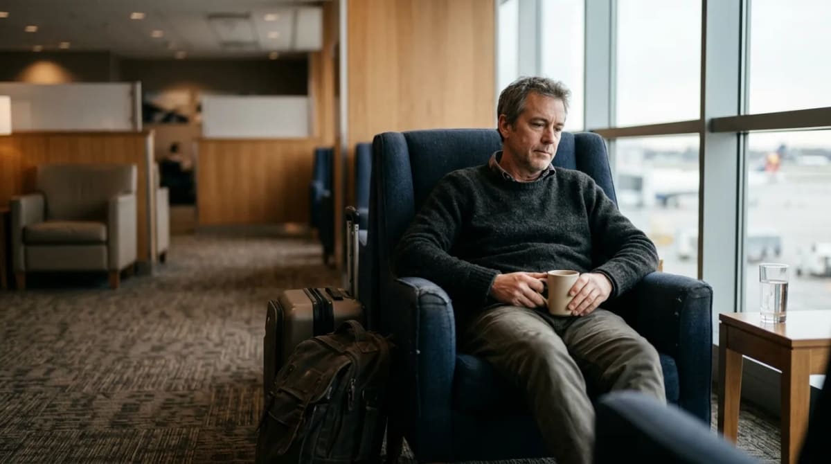 Traveler seated in a calm airport lounge armchair between connections