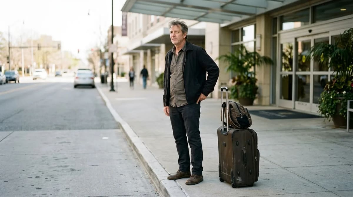 Traveler at rideshare curb after a trip deciding which premium card fits